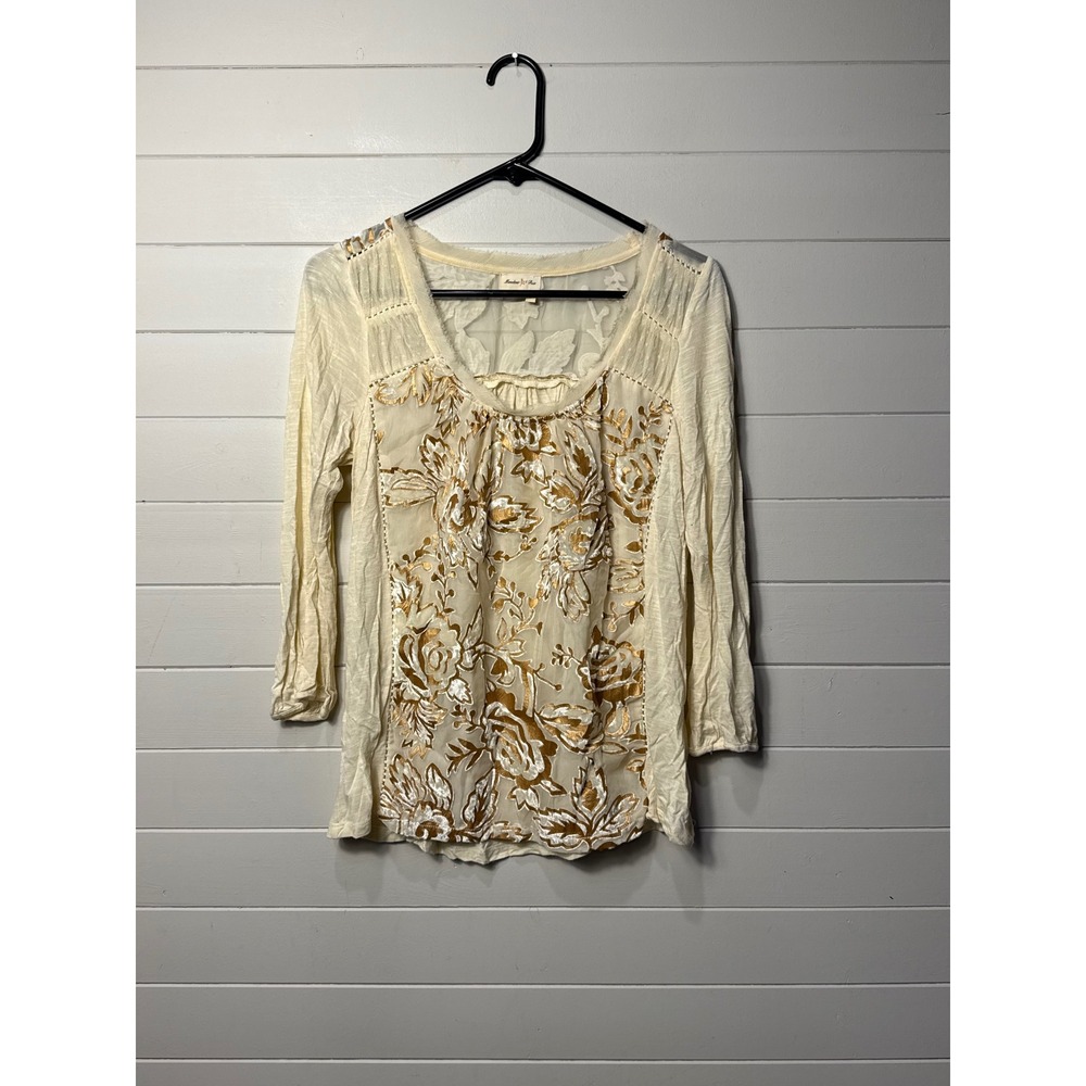 Meadow Rue Anthropologie Women Top M Cream Gold Floral Embroidered Boho OB374800